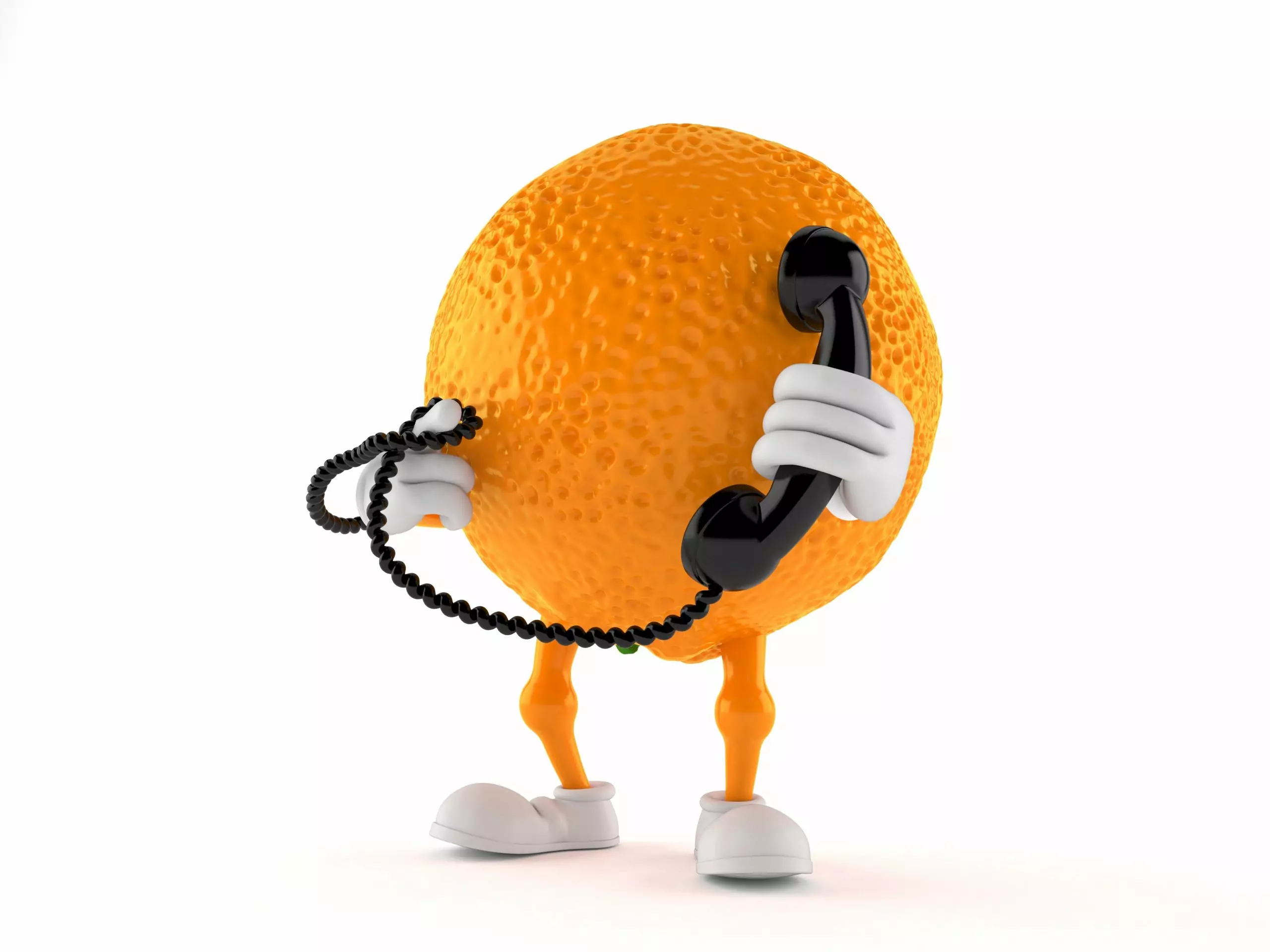 Orange character holding a telephone handset isolated on white background