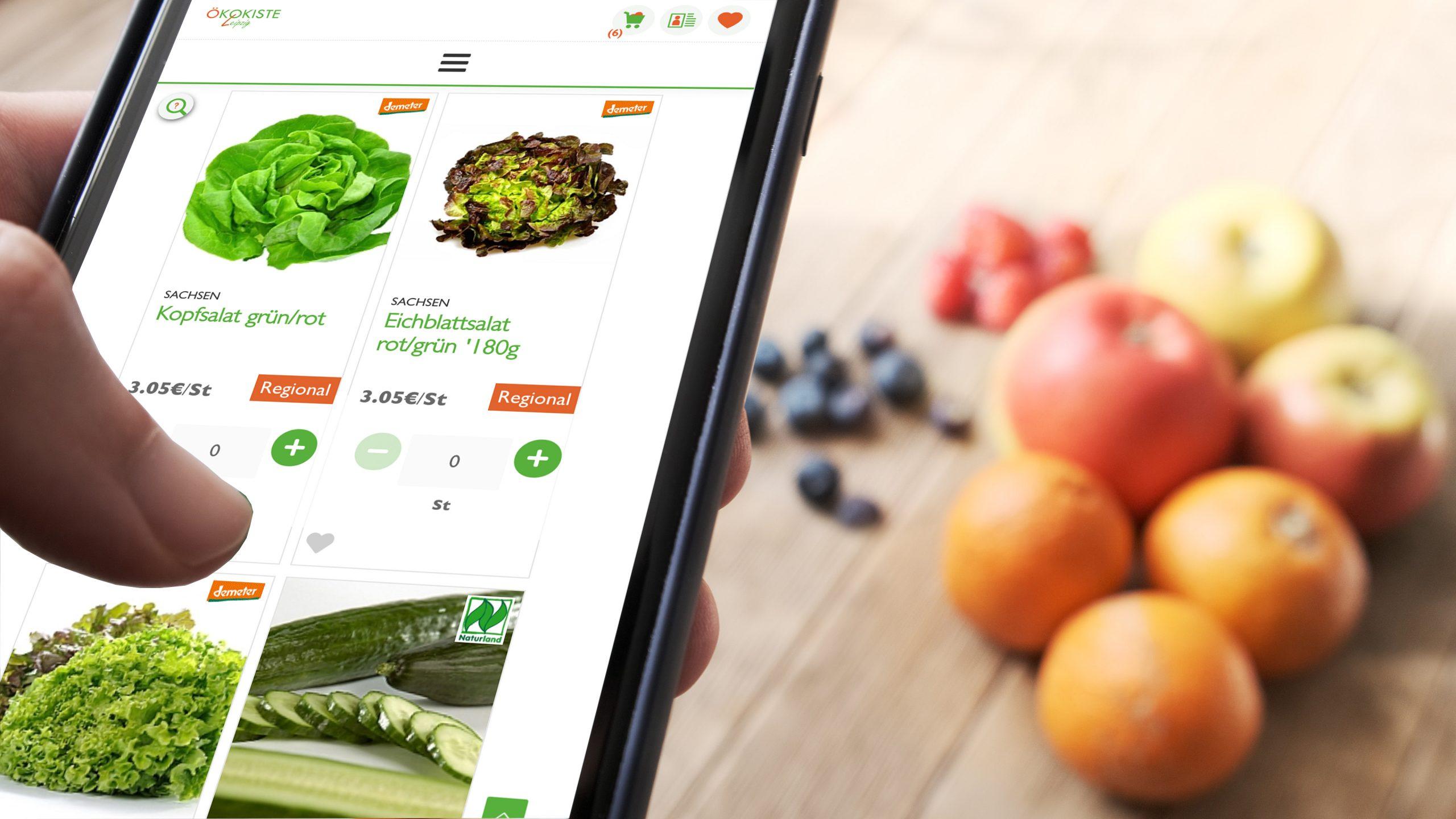 Ordering food, vegetables and fruits online using smartphone app close up. Food delivery mobile app I created.
